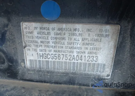 2002 Honda Accord 2.3 Se z USA, uszkodzony, nr VIN 1HGCG56752A041233